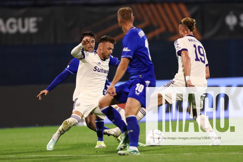 Zagreb, Croatia, 15th October 2026. UEFA Europa League. League phase, Matchday 2, Dinamo Zagreb vs Anderlecht at Maksimir Stadium, Zagreb. Iker ALMENA (23), Luka STOJKOVIC (10), Thelo AASGAARD (19). UEFA Europa League, Dinamo Zagreb vs Anderlecht.