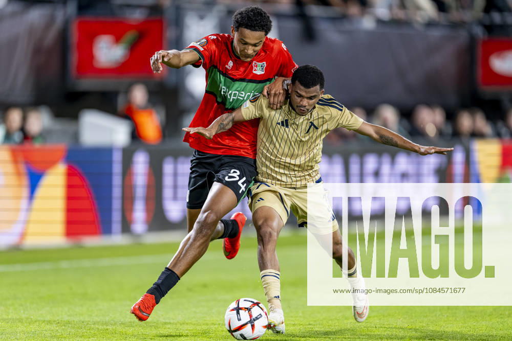 NIJMEGEN - (l-r) NEC Nijmegen forward Kevin Kers and Levski Sofia defender Maicon during the UEFA Europa League match between N.E.C. and Levski Sofia at Stadion De Goffert on 15 October 2026 in Nijmegen, Netherlands. (Photo by DeFodi Images) -
