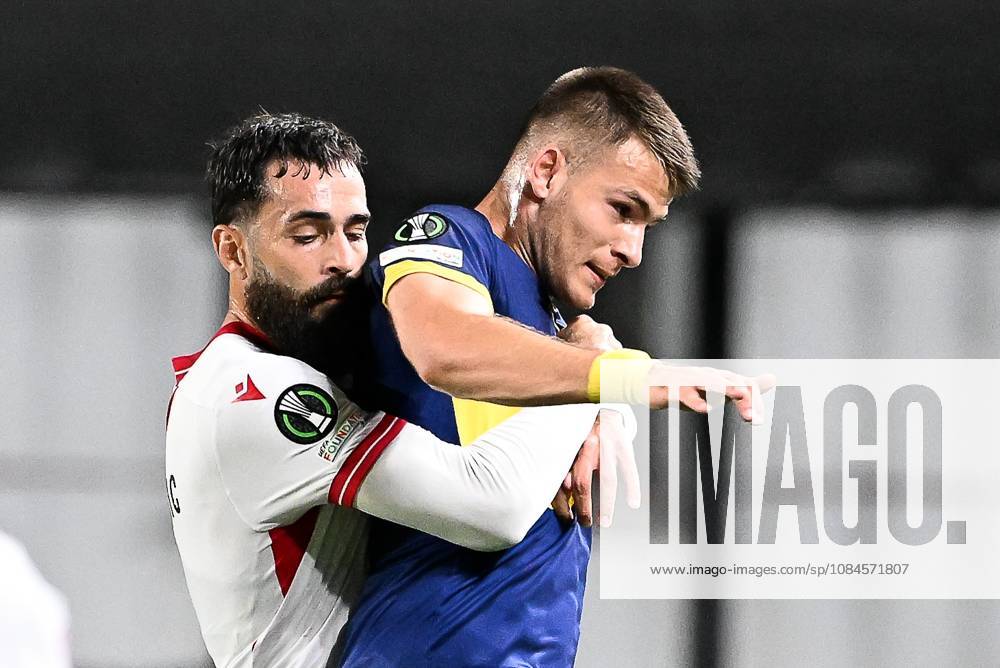 Iberia s Vahid Selimovic and STVV s Samed Bazdar pictured in action during a soccer game between Belgian Sint-Truidense VV and Georgian FC Iberia 1999 Tbilisi, Thursday 15 October 2026 in Sint-Truiden, the opening match of the UEFA Conference League league phase. JILLxDELSAUX x189929802x