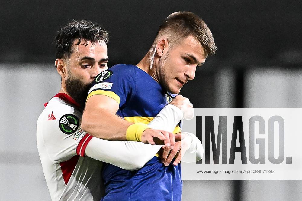 Iberia s Vahid Selimovic and STVV s Samed Bazdar pictured in action during a soccer game between Belgian Sint-Truidense VV and Georgian FC Iberia 1999 Tbilisi, Thursday 15 October 2026 in Sint-Truiden, the opening match of the UEFA Conference League league phase. JILLxDELSAUX x189929812x