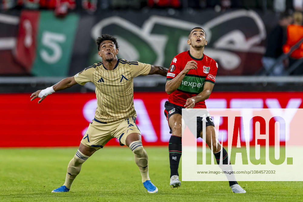 NIJMEGEN - (l-r) Levski Sofia forward Reinaldo and NEC Nijmegen defender Gabriel Brás during the UEFA Europa League match between N.E.C. and Levski Sofia at Stadion De Goffert on 15 October 2026 in Nijmegen, Nederland. (Photo by DeFodi Images) -
