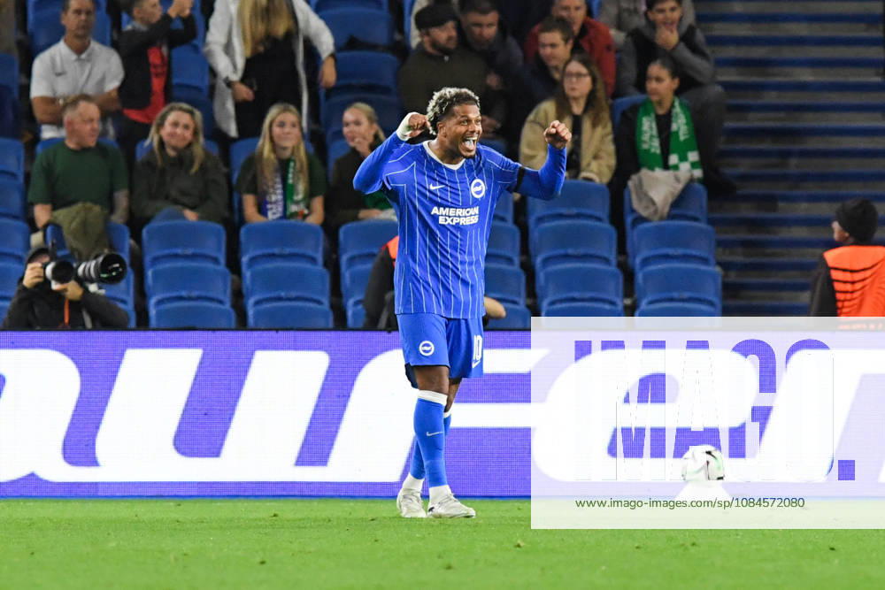 Brighton and Hove Albion v Kauno Zalgiris, UEFA Conference League GOAL CELEBRATION by Georginio Rutter Forward of Brighton and Hove Albion after he made it 1-0 during the UEFA Conference League match between Brighton and Hove Albion and Kauno Zalgiris at the American Express Stadium, Brighton and Hove, UK on 15 October 2026. Brighton and Hove American Express Stadium East Sussex UK Editorial use only ,