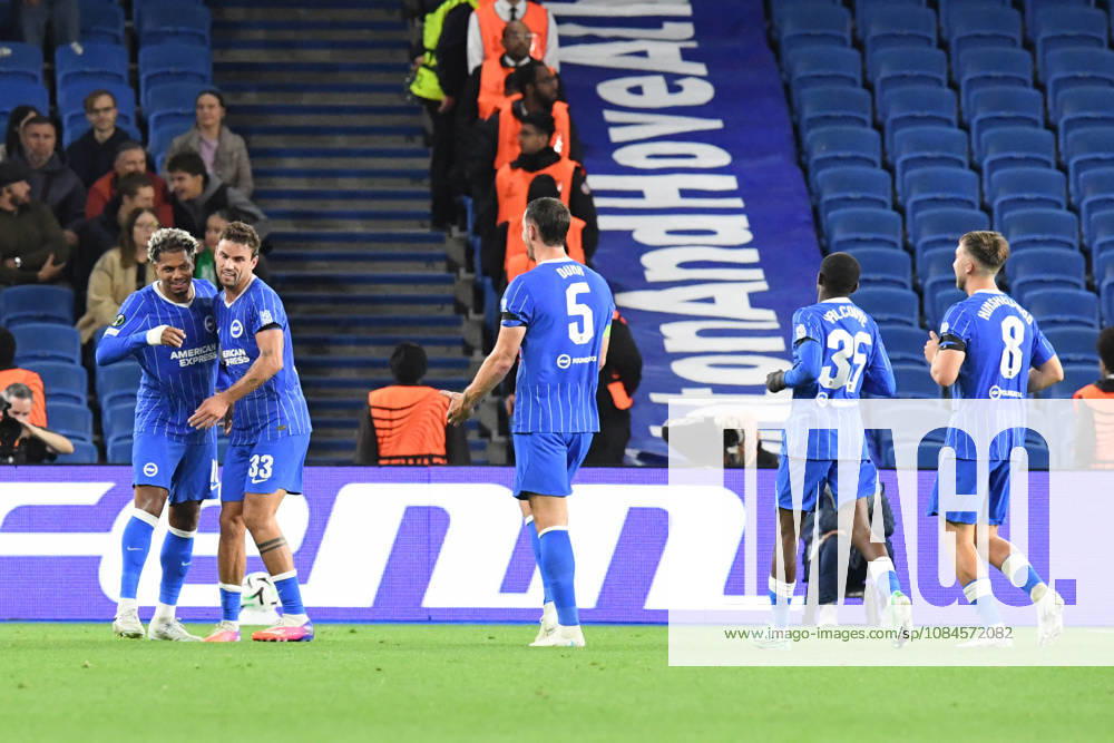 Brighton and Hove Albion v Kauno Zalgiris, UEFA Conference League GOAL CELEBRATION by Georginio Rutter Forward of Brighton and Hove Albion after he made it 1-0 during the UEFA Conference League match between Brighton and Hove Albion and Kauno Zalgiris at the American Express Stadium, Brighton and Hove, UK on 15 October 2026. Brighton and Hove American Express Stadium East Sussex UK Editorial use only ,
