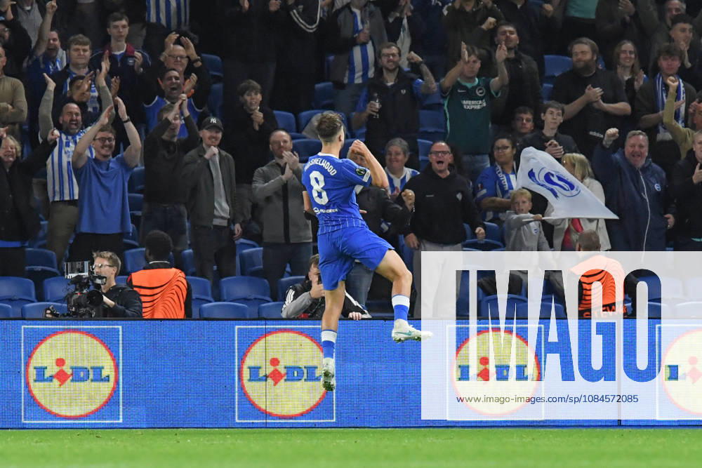Brighton and Hove Albion v Kauno Zalgiris, UEFA Conference League GOAL CELEBRATION 2-0 by the scorer Jack Hinshelwood Midfielder of Brighton and Hove Albion during the UEFA Conference League match between Brighton and Hove Albion and Kauno Zalgiris at the American Express Stadium, Brighton and Hove, UK on 15 October 2026. Brighton and Hove American Express Stadium East Sussex UK Editorial use only ,