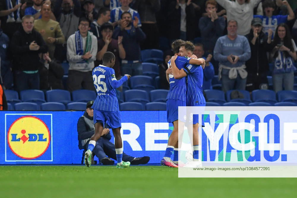 Brighton and Hove Albion v Kauno Zalgiris, UEFA Conference League GOAL CELEBRATION 2-0 by the scorer Jack Hinshelwood Midfielder of Brighton and Hove Albion during the UEFA Conference League match between Brighton and Hove Albion and Kauno Zalgiris at the American Express Stadium, Brighton and Hove, UK on 15 October 2026. Brighton and Hove American Express Stadium East Sussex UK Editorial use only ,