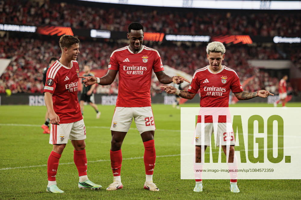 Jhon Duran and Gianluca Prestianni seen celebrating after scoring goal during UEFA Europa League 2026 2027 league phase game between teams of SL Benfica and Celtic FC at Estadio Da Luz (Maciej Rogowski Ball Raw Images PT) Lisbon Estadio Da Luz Portugal