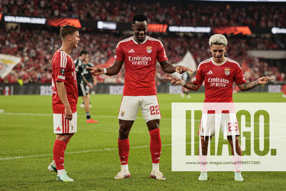 Jhon Duran and Gianluca Prestianni seen celebrating after scoring goal during UEFA Europa League 2026 2027 league phase game between teams of SL Benfica and Celtic FC at Estadio Da Luz (Maciej Rogowski Ball Raw Images PT) Lisbon Estadio Da Luz Portugal