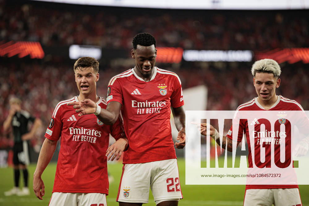 Jhon Duran and Gianluca Prestianni seen celebrating after scoring goal during UEFA Europa League 2026 2027 league phase game between teams of SL Benfica and Celtic FC at Estadio Da Luz (Maciej Rogowski Ball Raw Images PT) Lisbon Estadio Da Luz Portugal