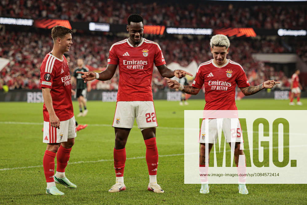 Jhon Duran and Gianluca Prestianni seen celebrating after scoring goal during UEFA Europa League 2026 2027 league phase game between teams of SL Benfica and Celtic FC at Estadio Da Luz (Maciej Rogowski Ball Raw Images PT) Lisbon Estadio Da Luz Portugal