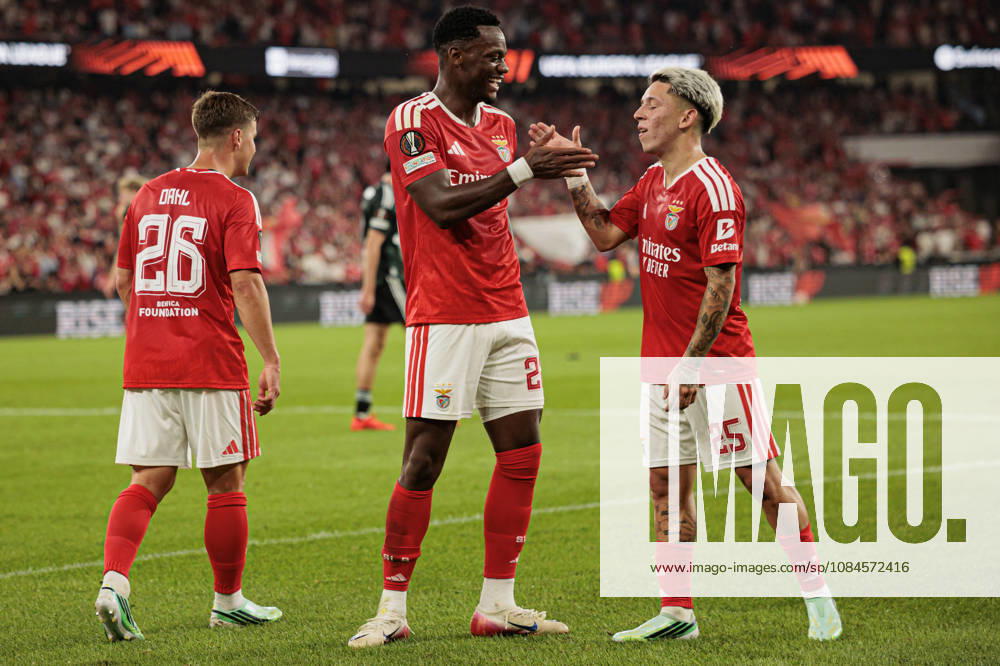 Jhon Duran and Gianluca Prestianni seen celebrating after scoring goal during UEFA Europa League 2026 2027 league phase game between teams of SL Benfica and Celtic FC at Estadio Da Luz (Maciej Rogowski Ball Raw Images PT) Lisbon Estadio Da Luz Portugal