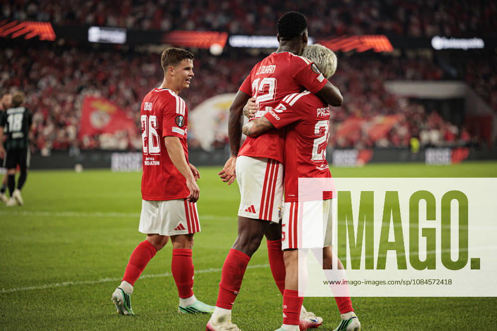 Jhon Duran and Gianluca Prestianni seen celebrating after scoring goal during UEFA Europa League 2026 2027 league phase game between teams of SL Benfica and Celtic FC at Estadio Da Luz (Maciej Rogowski Ball Raw Images PT) Lisbon Estadio Da Luz Portugal