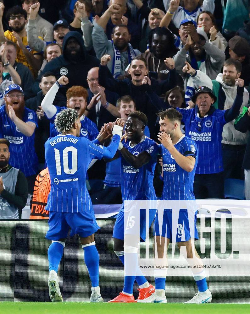 Georginio Rutter of Brighton and Hove Albion celebrates scoring a goal after making the score 3-0. Brighton & Hove Albion v Kauno Zalgiris, UEFA Conference League, Football, American Express Stadium, Brighton, UK - 15 Oct 2026Brighton American Express Stadium United Kingdom
