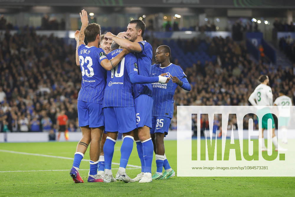 15th October 2026; American Express Stadium, Brighton, England; UEFA Conference League Football, Brighton and Hove Albion versus Kauno Zalgiris; Brighton and Hove Albion celebrating their goal in the first half 42 nd minute to put them 1-0 in the lead ChrisxRoll