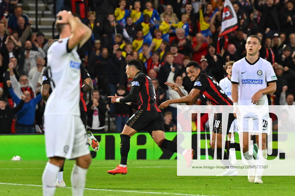 Bournemouth v Sturm Graz, Europa League Goal 1-0 - Evanilson (9) of AFC Bournemouth celebrates scoring the opening goal during the Europa League match between Bournemouth and Sturm Graz at the Vitality Stadium, Bournemouth, UK on 15 October 2026. Bournemouth Vitality Stadium Dorset UK Editorial use only ,