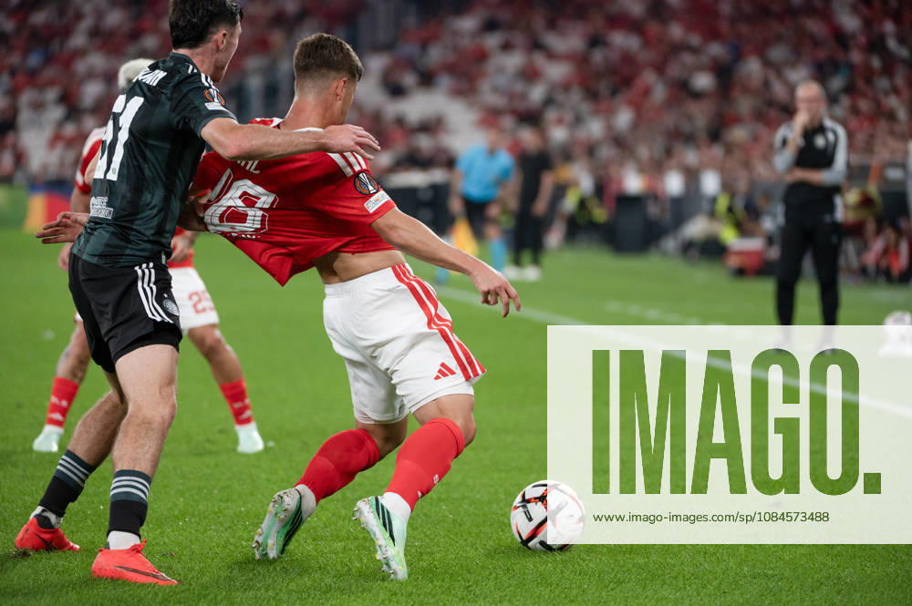 SL Benfica defender SAMUEL DAHL shields the ball from a Celtic FC opponent during their UEFA Europa League league phase matchday two match at Estadio da Luz in Lisbon, Portugal, on October 15, 2026. SL Benfica V Celtic FC - UEFA Europa League, Lisbon, Portugal - ZUMAr238 20261015_zip_r238_009