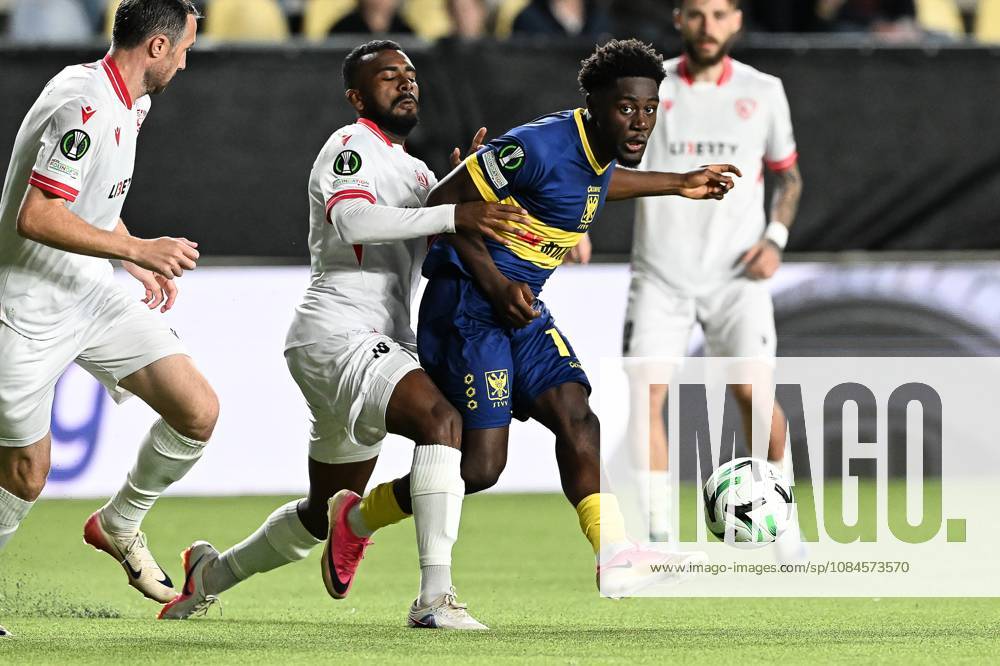 Iberia s Lucas Cafe and STVV s Nathanael Mbuku pictured in action during a soccer game between Belgian Sint-Truidense VV and Georgian FC Iberia 1999 Tbilisi, Thursday 15 October 2026 in Sint-Truiden, the opening match of the UEFA Conference League league phase. JILLxDELSAUX x189932976x