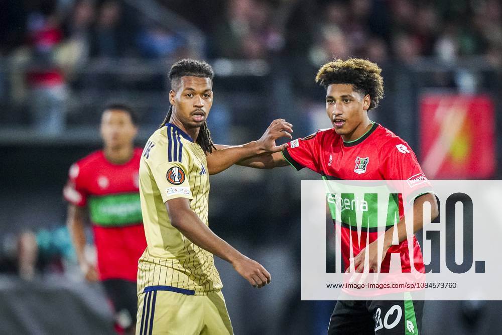 , Stadium De Goffert , season 2026 2027 , UEFA Europa League football , match between NEC Nijmegen and Levski Sofia , picture shows Levski Sofia player Mehdi Moubarik and NEC Nijmegen player Noe Lebreton NEC - Levski Sofia x208456717x