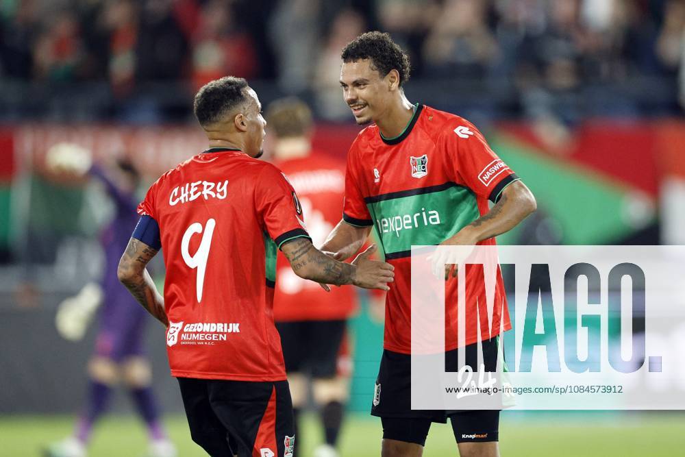 NIJMEGEN - (lr) Tjaronn Chery of NEC Nijmegen and Deveron Fonville of NEC Nijmegen celebrate the 1-1 during the Europa League match between NEC and PFC Levski Sofia at De Goffert on October 15, 2026 in Nijmegen, the Netherlands. BART STOUTJESDIJK ANP ANPxSportx IVx 572558903 originalFilename: 572558903