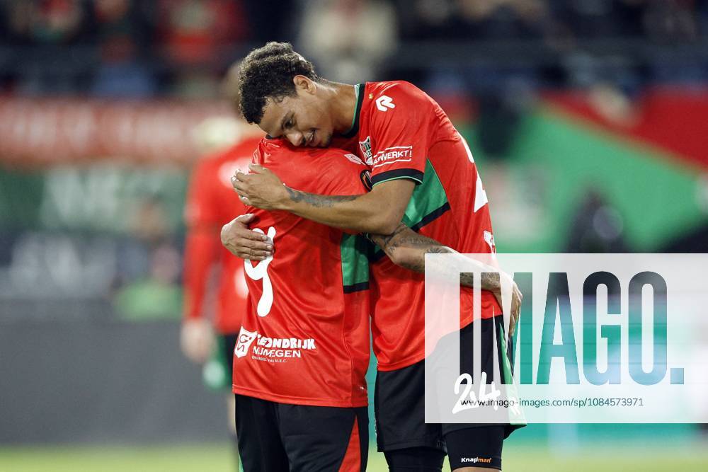 NIJMEGEN - (lr) Tjaronn Chery of NEC Nijmegen and Deveron Fonville of NEC Nijmegen celebrate the 1-1 during the Europa League match between NEC and PFC Levski Sofia at De Goffert on October 15, 2026 in Nijmegen, the Netherlands. BART STOUTJESDIJK ANP ANPxSportx IVx 572558926 originalFilename: 572558926