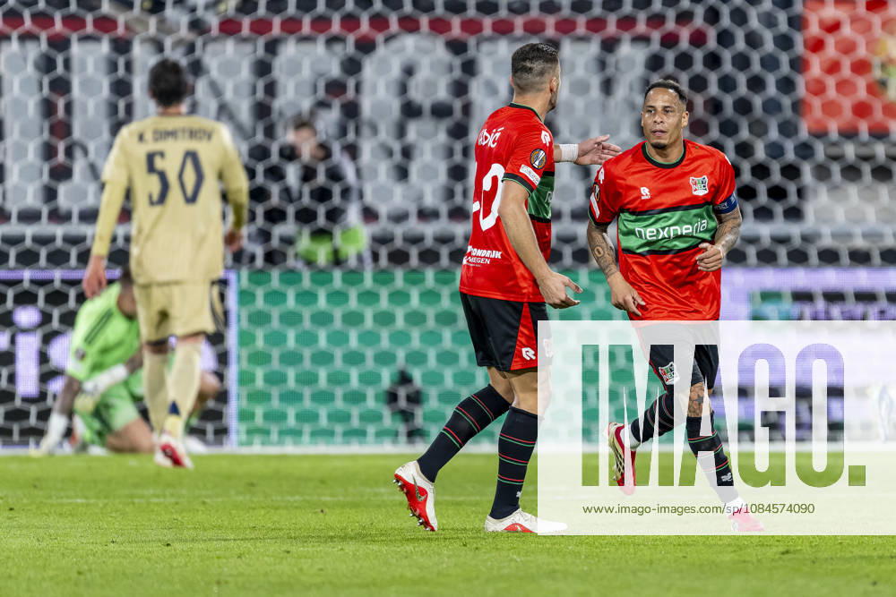NIJMEGEN - (l-r) NEC Nijmegen forward Duöan Tadic and NEC Nijmegen forward Tjaronn Chery celebrate the 1-1 during the UEFA Europa League match between N.E.C. and Levski Sofia at Stadion De Goffert on 15 October 2026 in Nijmegen, Netherlands. (Photo by DeFodi Images) -