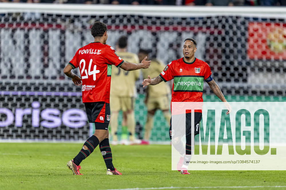 NIJMEGEN - (l-r) NEC Nijmegen forwards Kevin Kers and Tjaronn Chery celebrate the 1-1 during the UEFA Europa League match between N.E.C. and Levski Sofia at Stadion De Goffert on 15 October 2026 in Nijmegen, the Netherlands. (Photo by DeFodi Images) -