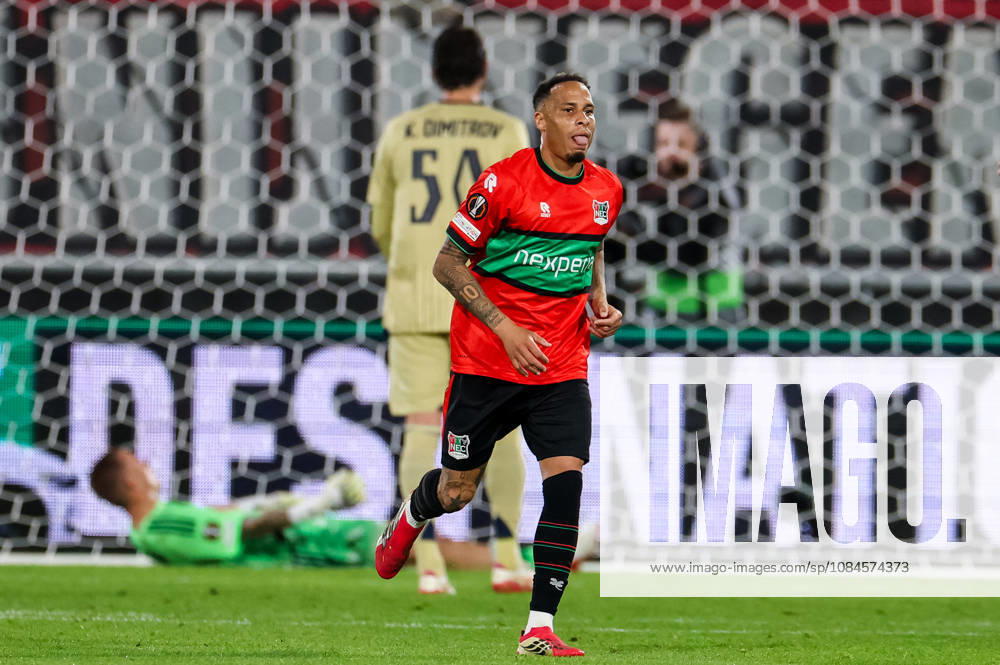 Tjaronn Chery of NEC Nijmegen reacts after scoring his team s first goal during the UEFA Europa League 2026 27 League Phase MD2 match between N.E.C. Nijmegen and PFC Levski Sofia at Goffertstadion on October 15, 2026 in Nijmegen, Netherlands.