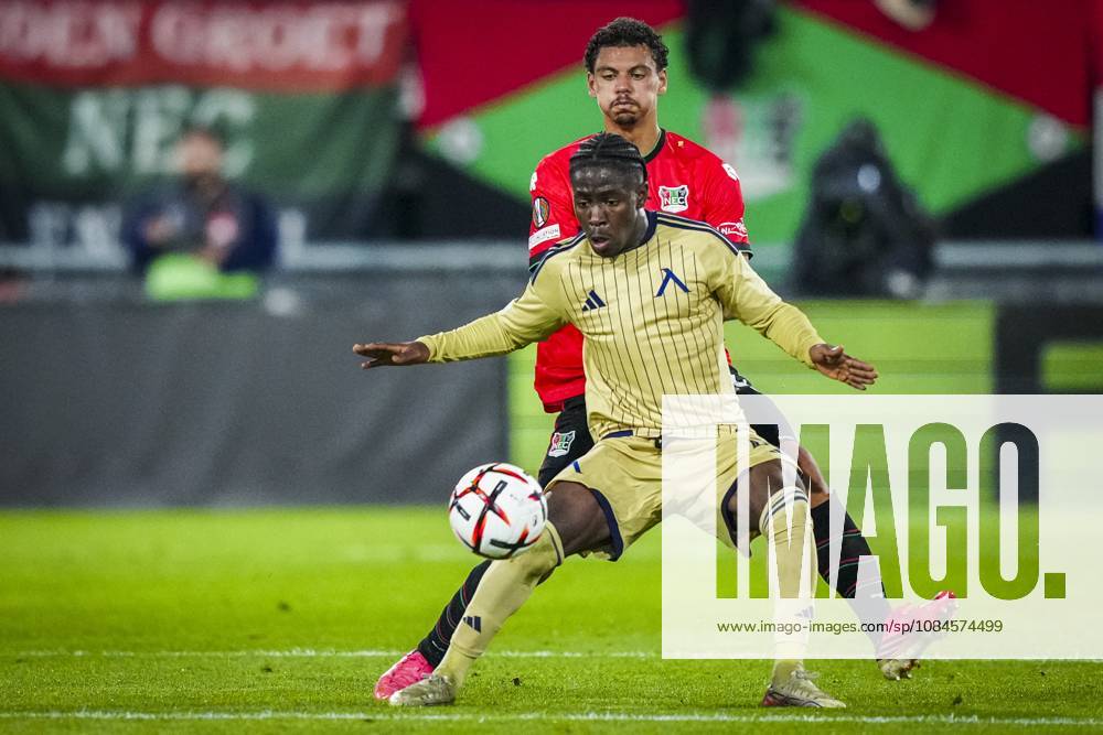 , Stadium De Goffert , season 2026 2027 , UEFA Europa League football , match between NEC Nijmegen and Levski Sofia , picture shows Levski Sofia player Aldair Neves and NEC Nijmegen player Clement Bischoff NEC - Levski Sofia x208457190x