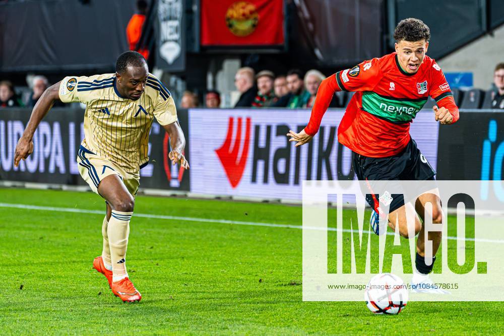 NIJMEGEN - Clement Bischoff of NEC Nijmegen battles for possession with Aldair Neves of Levski Sofia during the UEFA Europa League match between NEC Nijmegen and Levski Sofia at the Goffertstadion on 15 October 2026 in Nijmegen, the Netherlands. KEVIN SENDERS ANP UEFA Europa League 2026 27 ANPxSportx xMarcelxterxBalsxIVx 572568111 originalFilename: 572568111