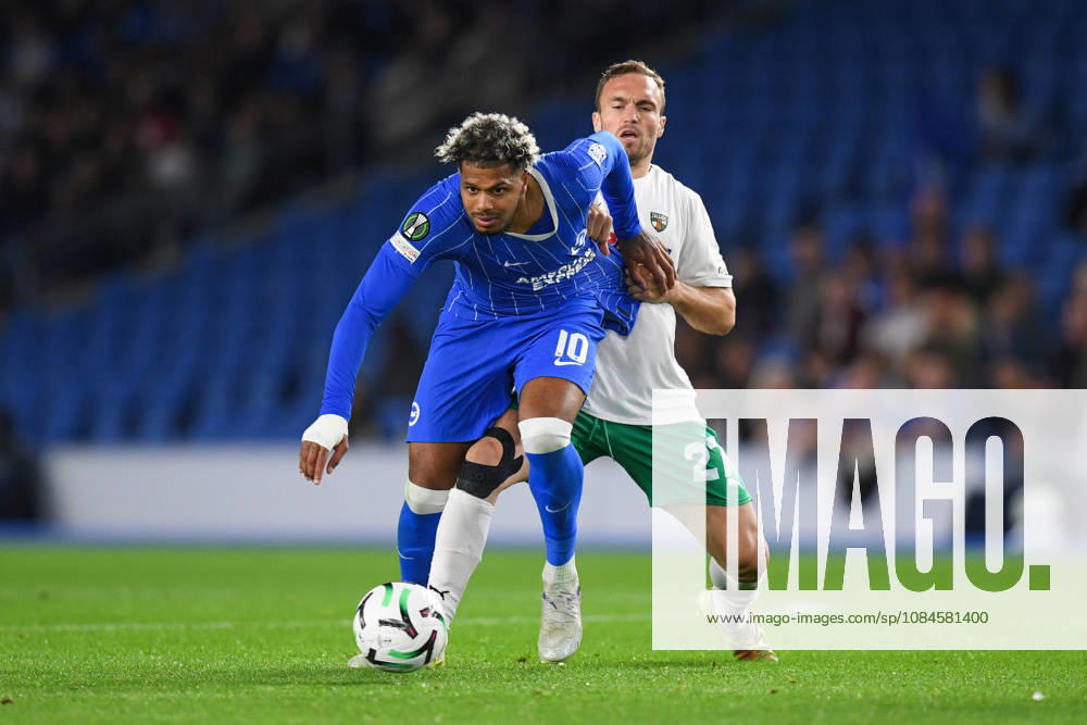 Brighton and Hove Albion v Kauno Zalgiris, UEFA Conference League Georginio Rutter Forward of Brighton and Hove Albion shrugs off Gabriel Debeljuh of Kauno Zalgiris during the UEFA Conference League match between Brighton and Hove Albion and Kauno Zalgiris at the American Express Stadium, Brighton and Hove, UK on 15 October 2026. Brighton and Hove American Express Stadium East Sussex UK Editorial use only ,