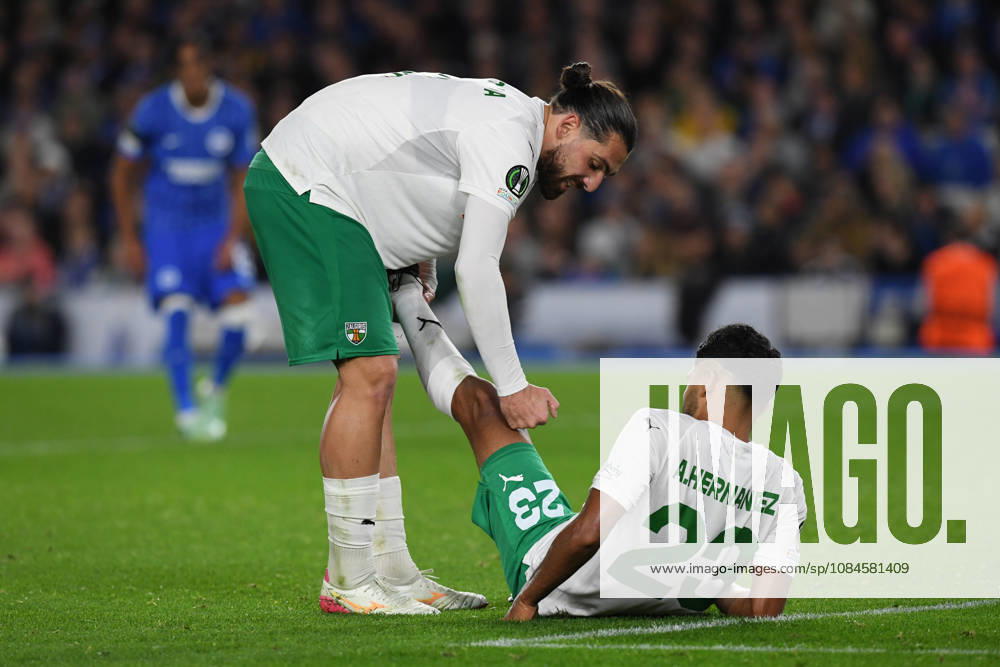 Brighton and Hove Albion v Kauno Zalgiris, UEFA Conference League Anton Tolordava of Kauno Zalgiris helps Aldayr Hernandez of Kauno Zalgiris as he suffers with cramp during the UEFA Conference League match between Brighton and Hove Albion and Kauno Zalgiris at the American Express Stadium, Brighton and Hove, UK on 15 October 2026. Brighton and Hove American Express Stadium East Sussex UK Editorial use only ,