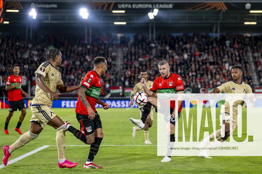 NIJMEGEN - (l-r) Levski Sofia defender Christian Makoun, NEC Nijmegen forward Tjaronn Chery, NEC Nijmegen forward Bryan Linssen and Levski Sofia midfielder Mehdi Moubarik during the UEFA Europa League match between N.E.C. and Levski Sofia at Stadion De Goffert on 15 October 2026 in Nijmegen, Nederland. (Photo by DeFodi Images) -