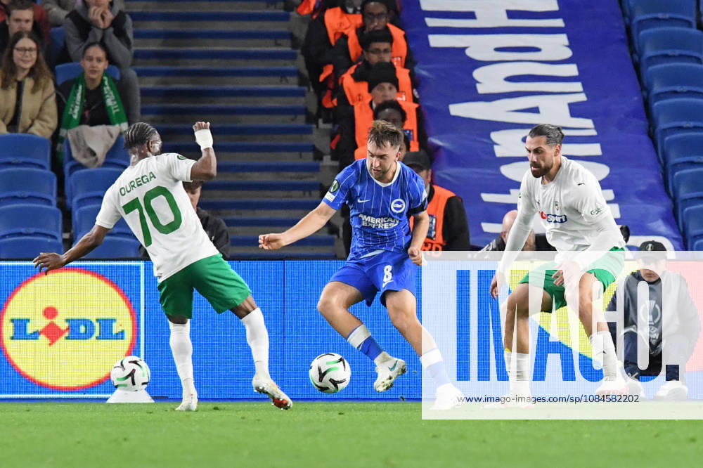 Brighton and Hove Albion v Kauno Zalgiris, UEFA Conference League Fabien Ourega of Kauno Zalgiris and Jack Hinshelwood Midfielder of Brighton and Hove Albion in action during the UEFA Conference League match between Brighton and Hove Albion and Kauno Zalgiris at the American Express Stadium, Brighton and Hove, UK on 15 October 2026. Brighton and Hove American Express Stadium East Sussex UK Editorial use only ,