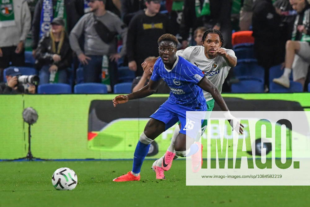 Brighton and Hove Albion v Kauno Zalgiris, UEFA Conference League Ibrahim Osman Forward of Brighton and Hove Albion wins the ball from Joris Moutachy of Kauno Zalgiris during the UEFA Conference League match between Brighton and Hove Albion and Kauno Zalgiris at the American Express Stadium, Brighton and Hove, UK on 15 October 2026. Brighton and Hove American Express Stadium East Sussex UK Editorial use only ,
