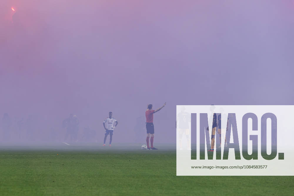 Torcida Split, supporters of HNK Hajduk Split, set off numerous flares during the UEFA Conference League match between HNK Hajduk Split (CRO) and AFC Ajax Amsterdam (NL) at Poljud Stadium. Split Croatia - ZUMAp210 20261015_zsp_p210_011