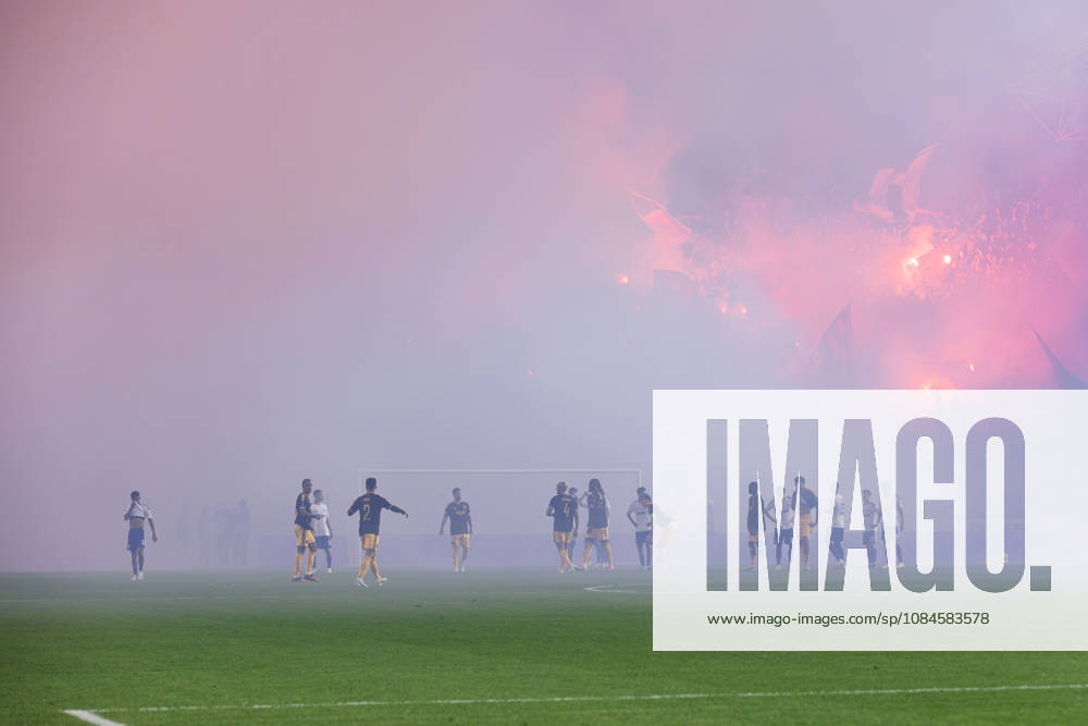 Torcida Split, supporters of HNK Hajduk Split, set off numerous flares during the UEFA Conference League match between HNK Hajduk Split (CRO) and AFC Ajax Amsterdam (NL) at Poljud Stadium. Split Croatia - ZUMAp210 20261015_zsp_p210_014