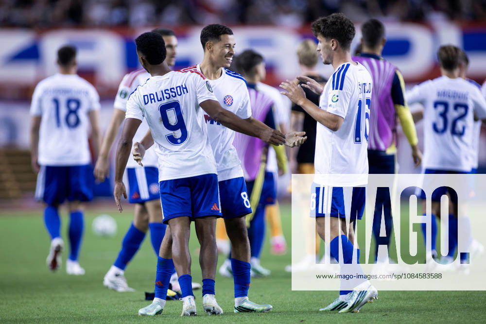 HNK Hajduk Split players celebrate their victory over Ajax after the UEFA Conference League match at Poljud Stadium. UEFA Conference League: HNK Hajduk Split Vs AFC Ajax Amsterdam 2:1 - ZUMAp210 20261015_zsp_p210_015