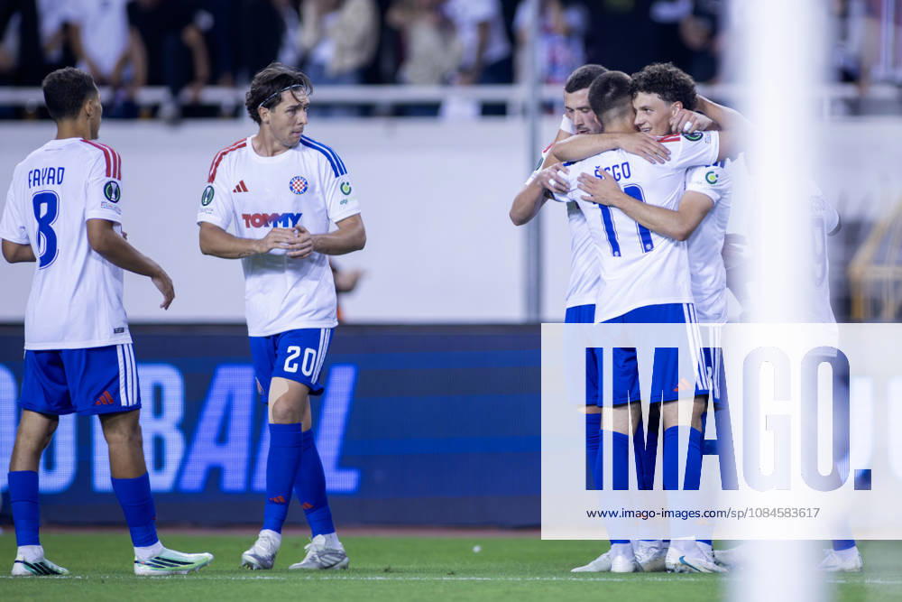 Martin Soticek (HNK HAJDUK Split) 23 celebrates scoring a goal with his teammates during the UEFA Conference League match between HNK Hajduk Split (CRO) and AFC Ajax Amsterdam (NL) at Poljud Stadium. UEFA Conference League: HNK Hajduk Split Vs AFC Ajax Amsterdam 2:1 - ZUMAp210 20261015_zsp_p210_025