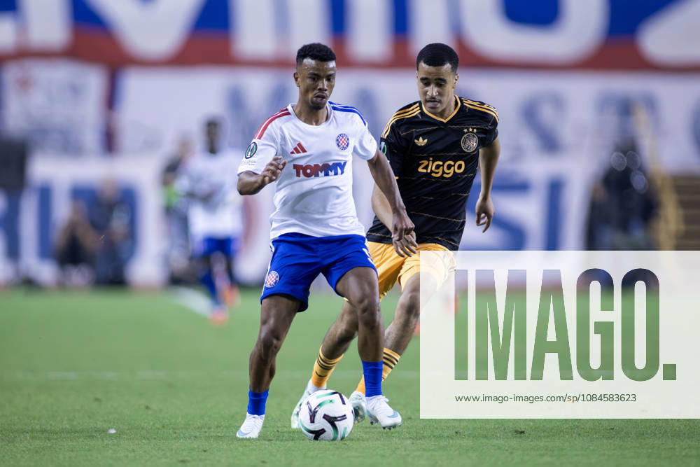 Dalisson de Almeida ( HNK HAJDUK Split) 9 and Abdellah Ouazane (AFC Ajax) 68 in action during he UEFA Conference League match between HNK Hajduk Split (CRO) and AFC Ajax Amsterdam (NL) at Poljud Stadium. UEFA Conference League: HNK Hajduk Split Vs AFC Ajax Amsterdam 2:1 - ZUMAp210 20261015_zsp_p210_027
