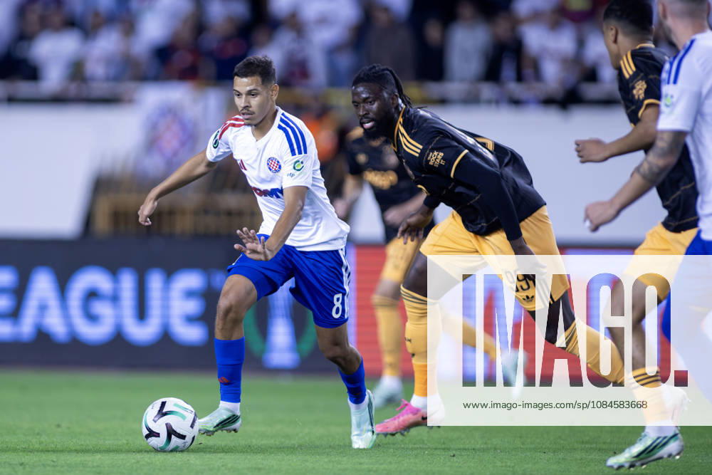 Khalil Fayade (HNK HAjduk) 8 and Toluwalase Arokodare (AFC Ajax) 99 in action during he UEFA Conference League match between HNK Hajduk Split (CRO) and AFC Ajax Amsterdam (NL) at Poljud Stadium. Split Croatia - ZUMAp210 20261015_zsp_p210_026