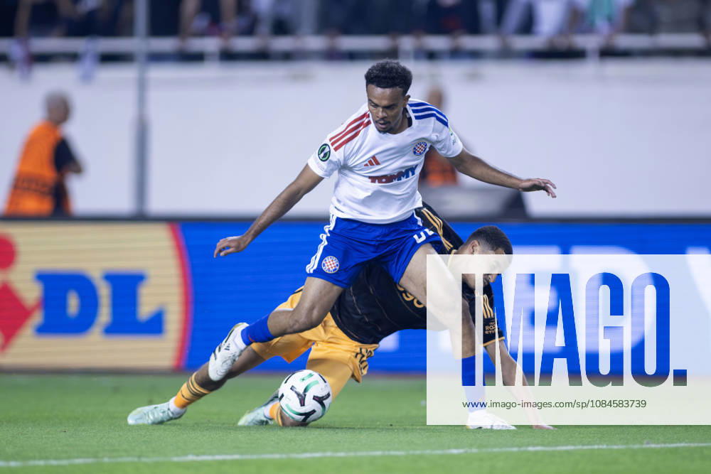 Mathieu Acapandie (HNK HAjduk) and Abdellah Ouazane (AFC Ajax) 68 in action during he UEFA Conference League match between HNK Hajduk Split (CRO) and AFC Ajax Amsterdam (NL) at Poljud Stadium. Split Croatia - ZUMAp210 20261015_zsp_p210_035