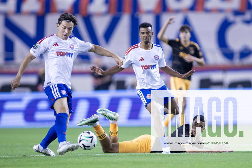 Alberto Del Moral (HNK HAjduk) 20 and Dalisson de Almeida ( HNK HAJDUK Split) 9 in action during he UEFA Conference League match between HNK Hajduk Split (CRO) and AFC Ajax Amsterdam (NL) at Poljud Stadium. On ground Abdellah Ouazane (AFC Ajax) 68. Split Croatia - ZUMAp210 20261015_zsp_p210_037