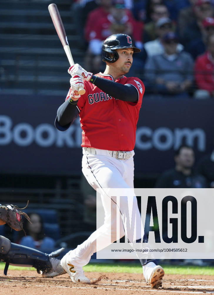Baseball: Championship Series between Rays and Guardians Nathaniel Lowe of the Cleveland Guardians hits an RBI double in the second inning of Game 3 of the American League Championship Series against the Tampa Bay Rays at Progressive Field in Cleveland, Ohio, on Oct. 15, 2026. A14AA0005630987P