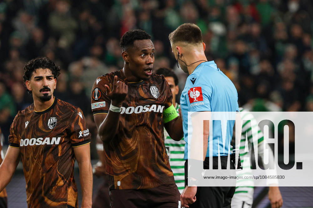 Ferencvaros V Viktoria Plzen - UEFA Europa League 2026 27 League Phase Match Day 2 Sampson Dweh of Viktoria Plzen and referee Damian Sylwestrzak are pictured during the UEFA Europa League 2026 27 League Phase Matchday 2 match between Ferencvaros and Viktoria Plzen at Groupama Arena in Budapest, Hungary, on October 15, 2026. Budapest Hungary