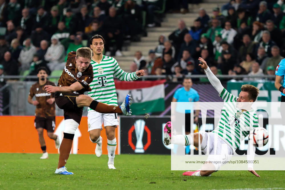 (261016) -- BUDAPEST, Oct. 16, 2026 -- Lukas Cerv (front L) of Viktoria Plzen shoots during the UEFA Europa League 2026 27 League Phase match between Ferencvaros and Viktoria Plzen in Budapest, Hungary, Oct. 15, 2026. ) (SP)HUNGARY-BUDAPEST-FOOTBALL-UEFA EUROPA LEAGUE-FERENCVAROS VS VIKTORIA PLZEN HuxZhixuan