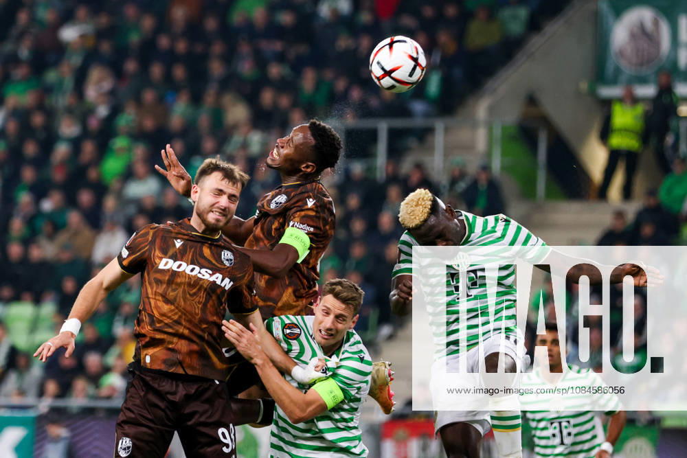 (261016) -- BEIJING, Oct. 16, 2026 -- Sampson Dweh (2nd L) of Viktoria Plzen vies for a header with Bamidele Yusuf (2nd R) of Ferencvaros during the UEFA Europa League 2026 27 League Phase match between Ferencvaros and Viktoria Plzen in Budapest, Hungary, Oct. 15, 2026. ) XINHUA PHOTOS OF THE DAY HuxZhixuan