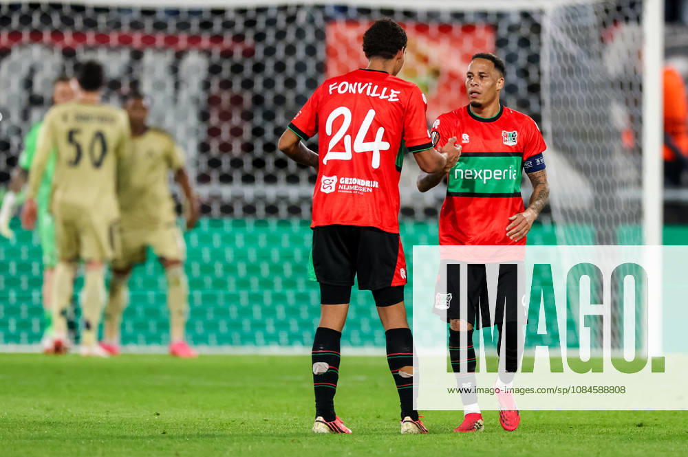Tjaronn Chery of NEC Nijmegen celebrates with Deveron Fonville of NEC Nijmegen after scoring his team s first goal during the UEFA Europa League 2026 27 League Phase MD2 match between N.E.C. Nijmegen and PFC Levski Sofia at Goffertstadion on October 15, 2026 in Nijmegen, Netherlands.
