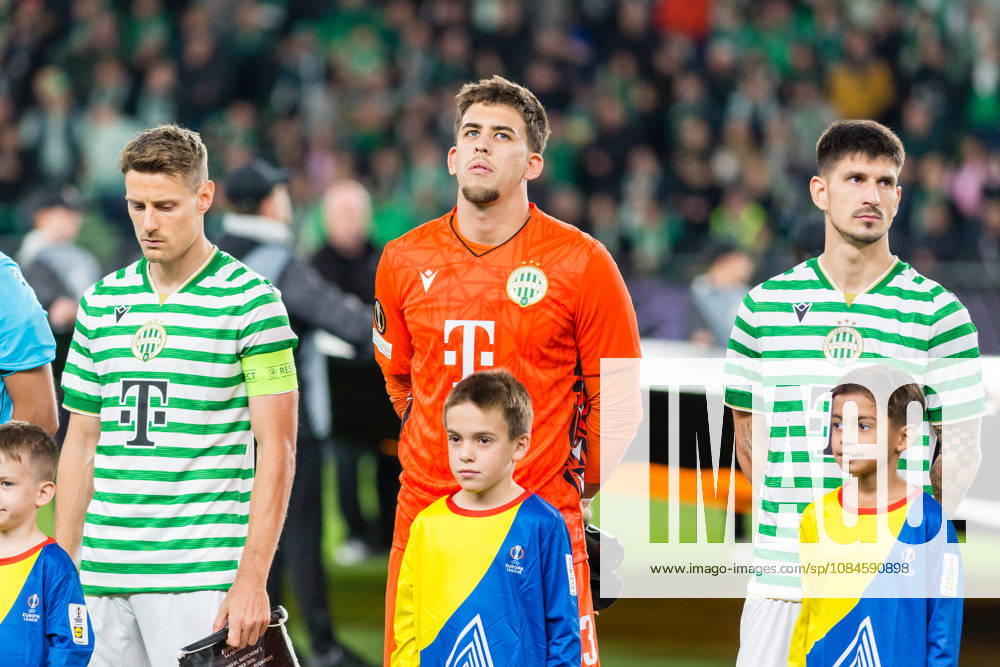 Ferencvaros v Viktoria Plzen, UEFA Europa League, Budapest, Hungary Budapest, Hungary. 15th, October 2026. (L-R) Kristoffer Zachariassen, goalkeeper Daniel Radnoti and Attila Osvath of Ferencvaros seen during the UEFA Europa League match between Ferencvaros and Viktoria Plzen at Groupama Arena in Budapest. Hungary, Budapest, Groupama Arena