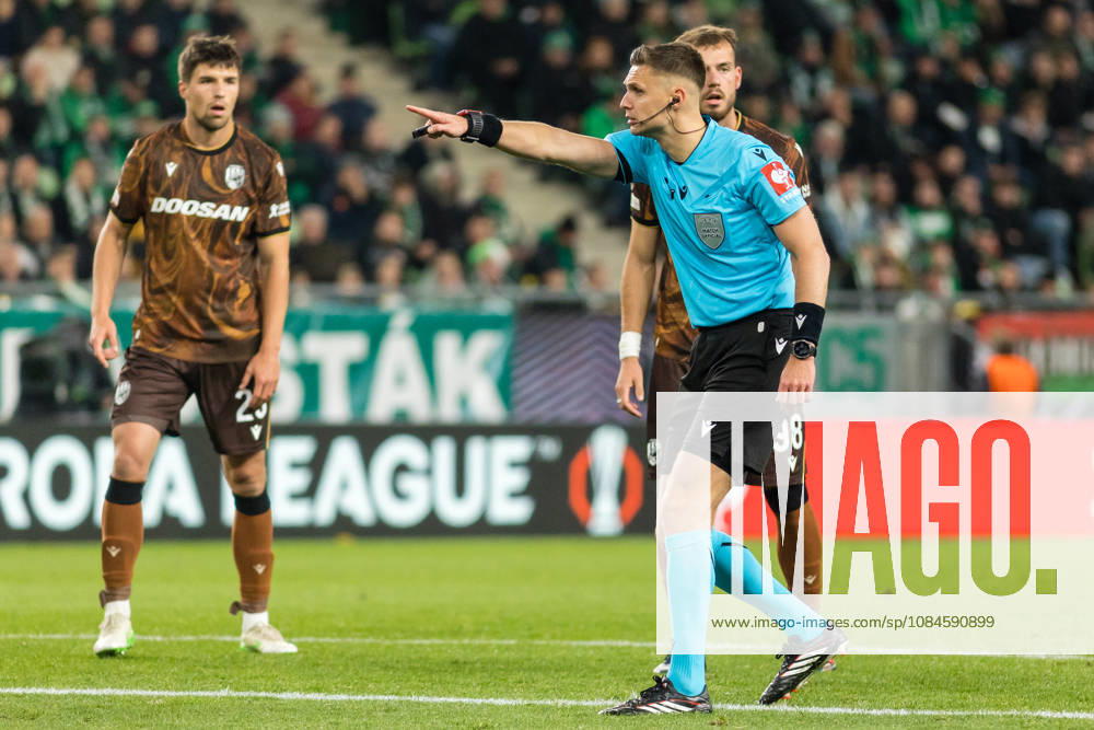 Ferencvaros v Viktoria Plzen, UEFA Europa League, Budapest, Hungary Budapest, Hungary. 15th, October 2026. Referee Damian Sylwestrzak seen during the UEFA Europa League match between Ferencvaros and Viktoria Plzen at Groupama Arena in Budapest. Hungary, Budapest, Groupama Arena