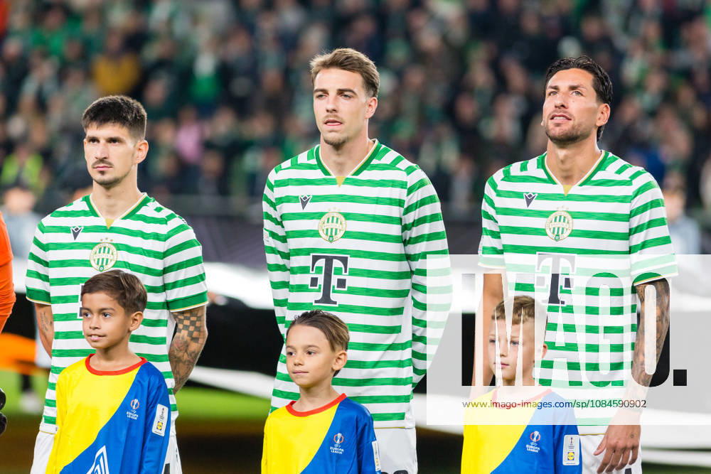Ferencvaros v Viktoria Plzen, UEFA Europa League, Budapest, Hungary Budapest, Hungary. 15th, October 2026. (L-R) Attila Osvath, Toon Raemaekers and Mariano Gomez of Ferencvaros seen during the UEFA Europa League match between Ferencvaros and Viktoria Plzen at Groupama Arena in Budapest. Hungary, Budapest, Groupama Arena