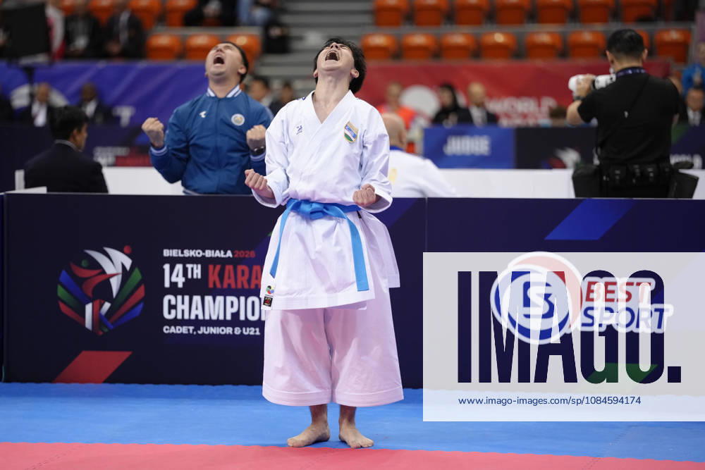 2026 World Cadet, Junior & U21, U 21 Karate Championships BIELSKO-BIALA, POLAND - OCTOBER 16: Javokhir Djakhangirov of Uzbekistan celebrates victory after winning the cadet male individual kata semi-final at the 2026 World Cadet, Junior & U21 Karate Championships at Hala Pod Debowcem on October 16, 2026 in Bielsko-Biala, Poland. Bielsko-Biala Hala Pod Debowcem Poland